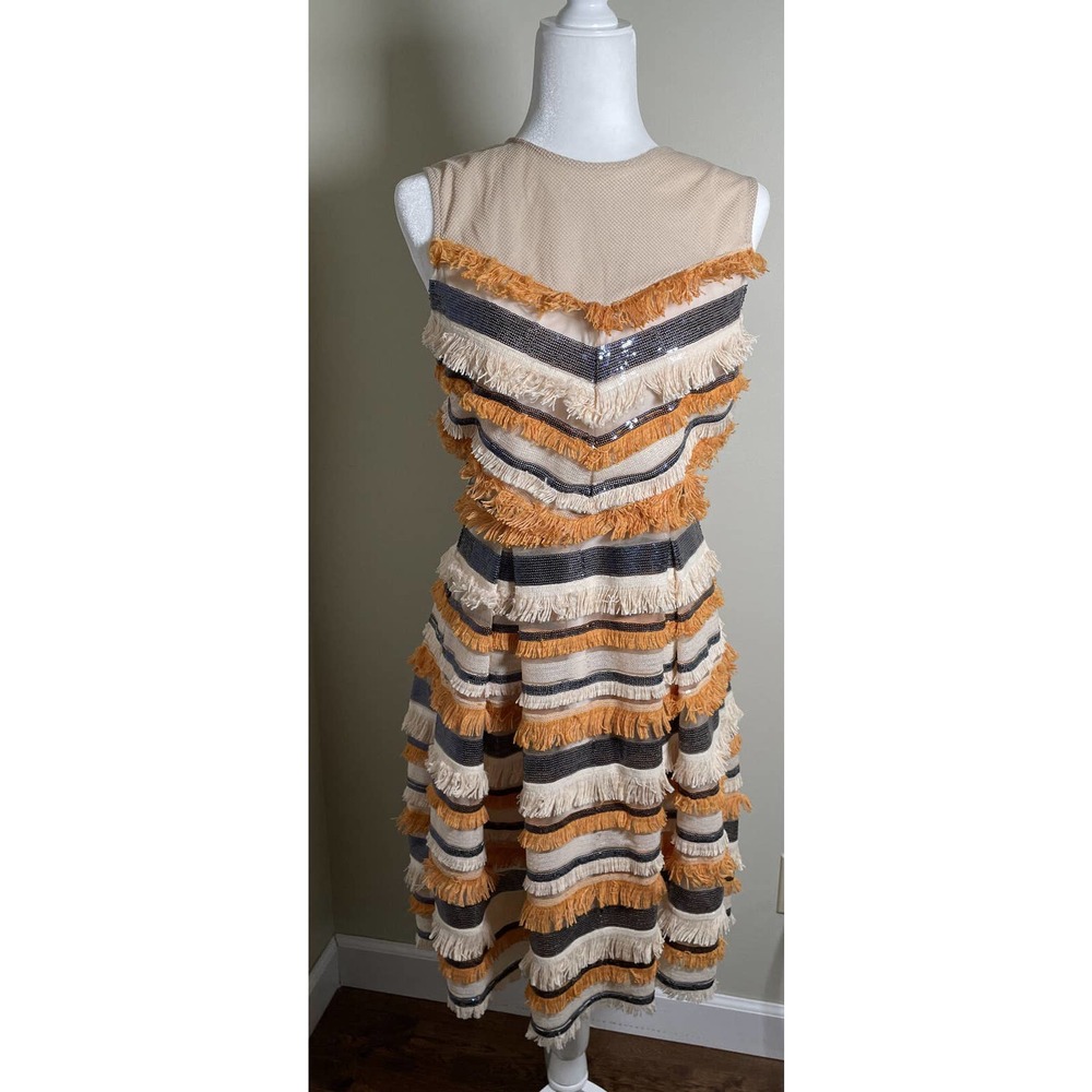 Eva Mendez Dress Orange Woman’s Size 6 Orange Cream Sequin Flapper Style Fringe